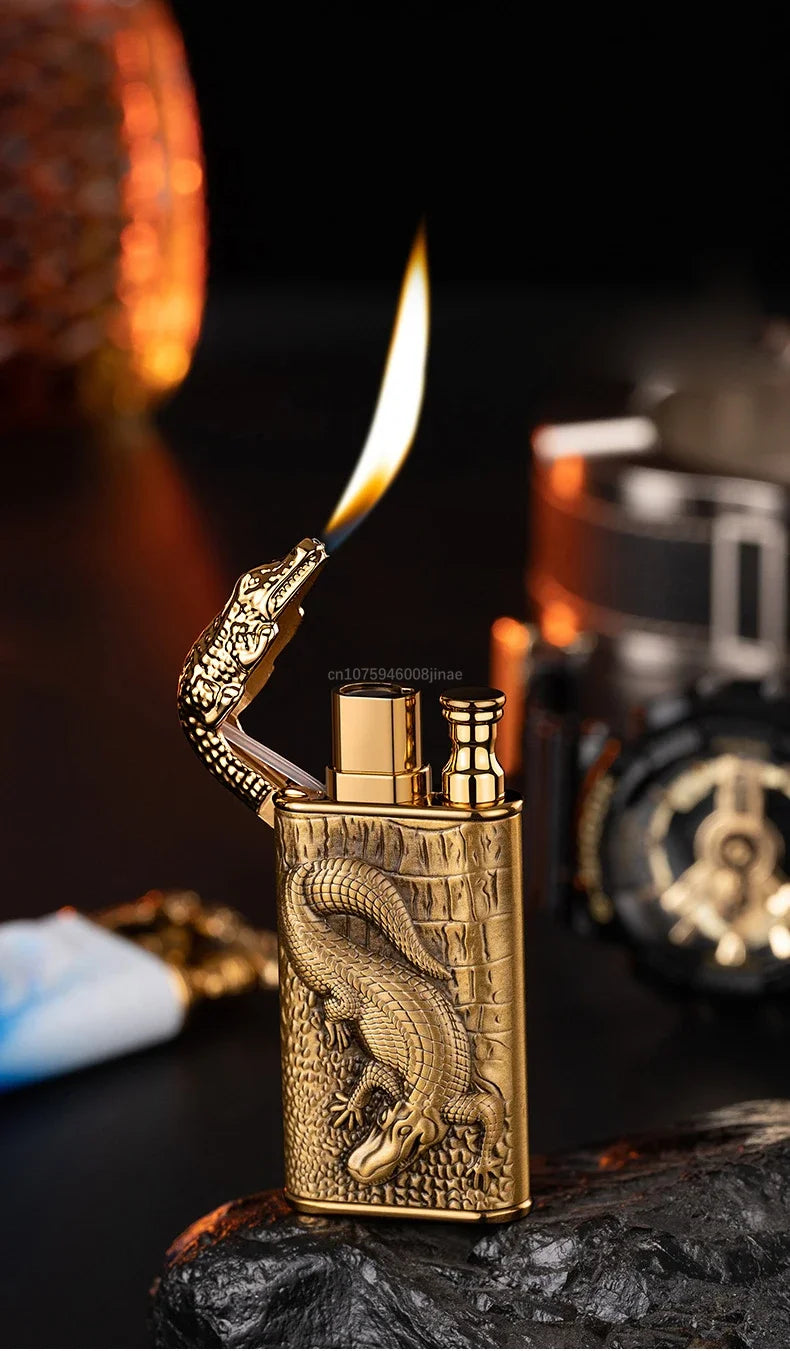 2024 3D Relief Dragon Crocodile Double Fire Lighter Metal Windproof Jet Fire Open Fire Conversion Gas Lighter Smoking Men's Gift