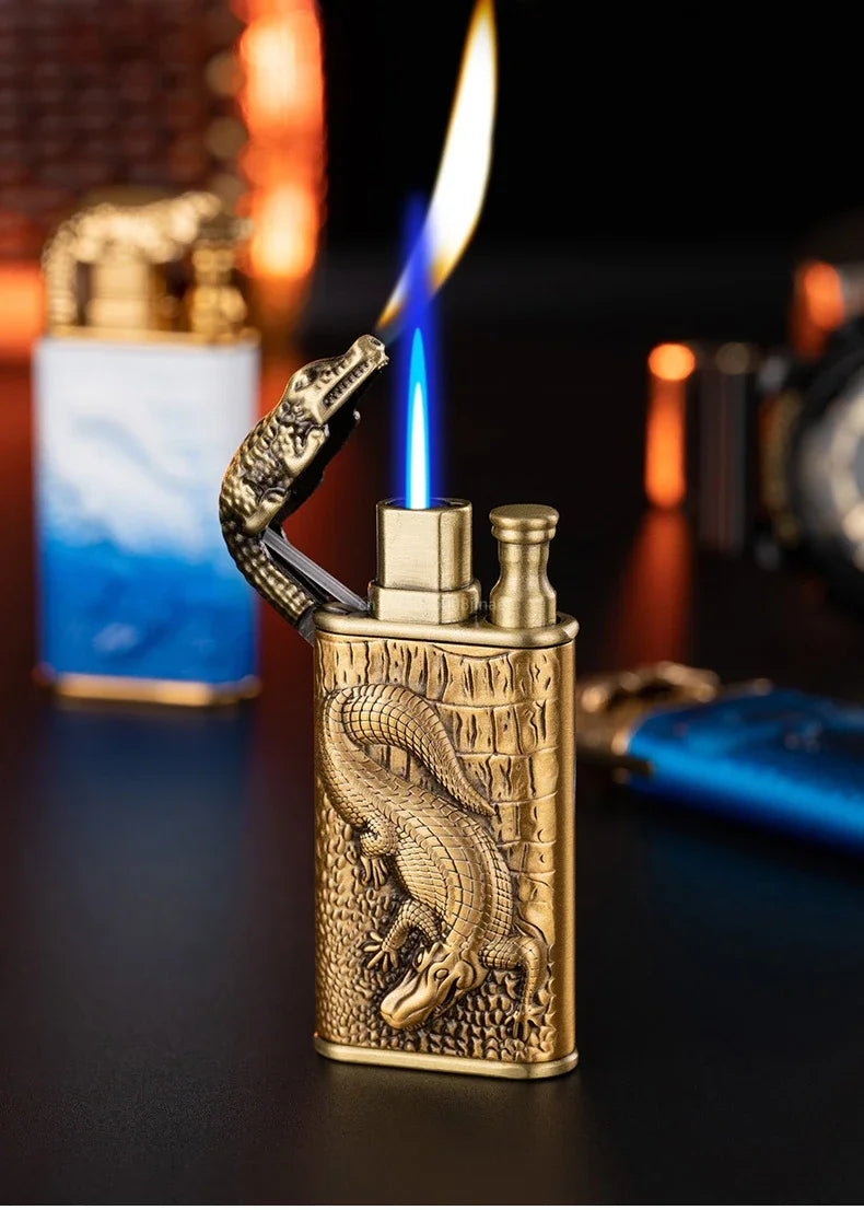 2024 3D Relief Dragon Crocodile Double Fire Lighter Metal Windproof Jet Fire Open Fire Conversion Gas Lighter Smoking Men's Gift