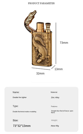 2024 3D Relief Dragon Crocodile Double Fire Lighter Metal Windproof Jet Fire Open Fire Conversion Gas Lighter Smoking Men's Gift