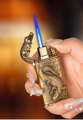 2024 3D Relief Dragon Crocodile Double Fire Lighter Metal Windproof Jet Fire Open Fire Conversion Gas Lighter Smoking Men's Gift