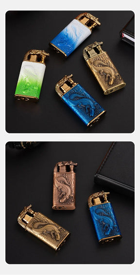 2024 3D Relief Dragon Crocodile Double Fire Lighter Metal Windproof Jet Fire Open Fire Conversion Gas Lighter Smoking Men's Gift