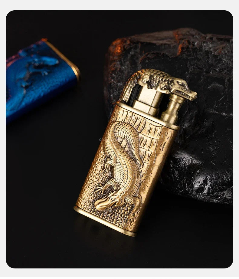 2024 3D Relief Dragon Crocodile Double Fire Lighter Metal Windproof Jet Fire Open Fire Conversion Gas Lighter Smoking Men's Gift